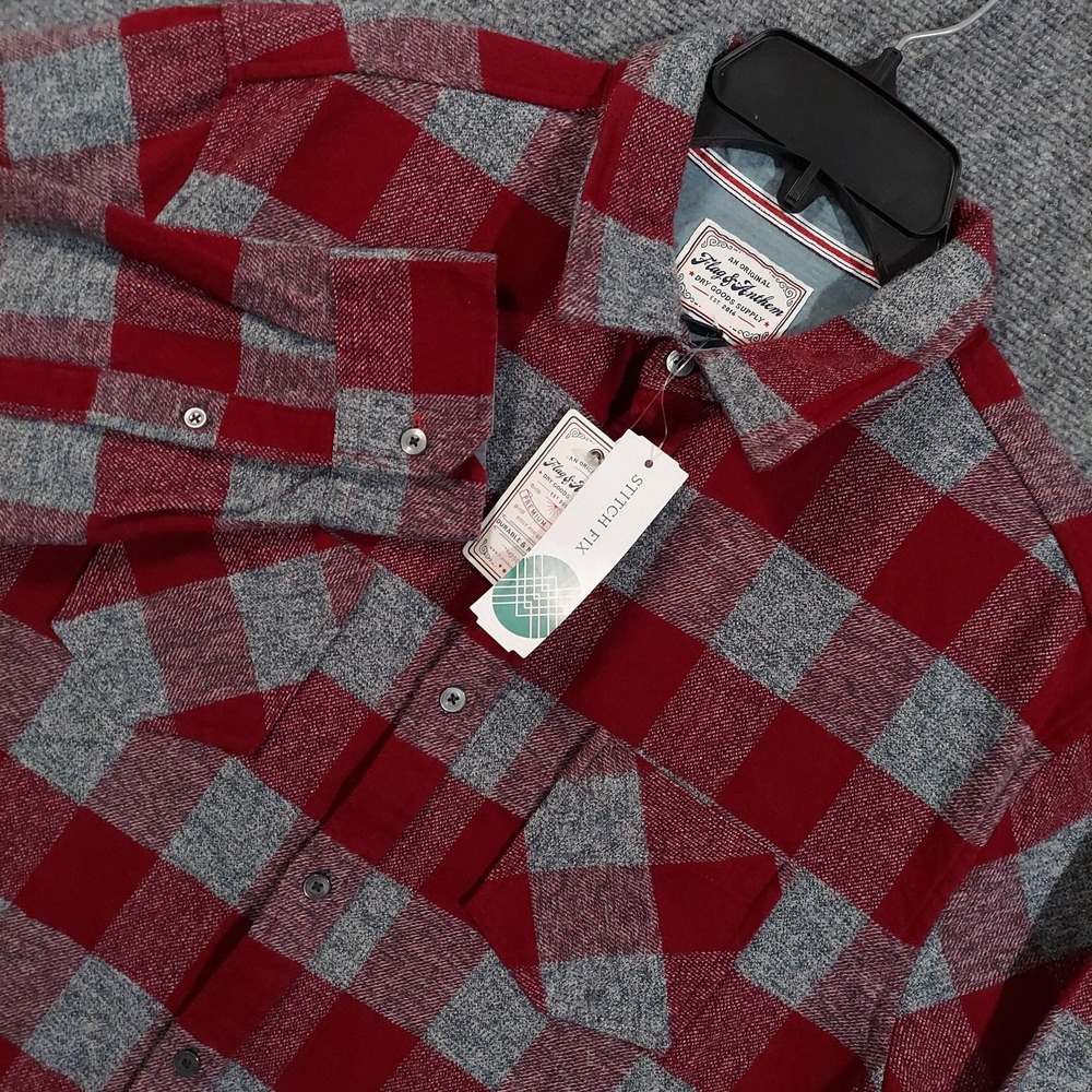 Flag & Anthem Shirt Mens L Tall Red Gray Harrells Flannel‎ Plaid Two Pocket